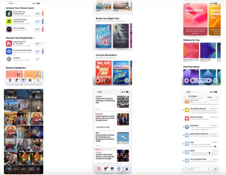 Multiple views of Apple iOS26 screens