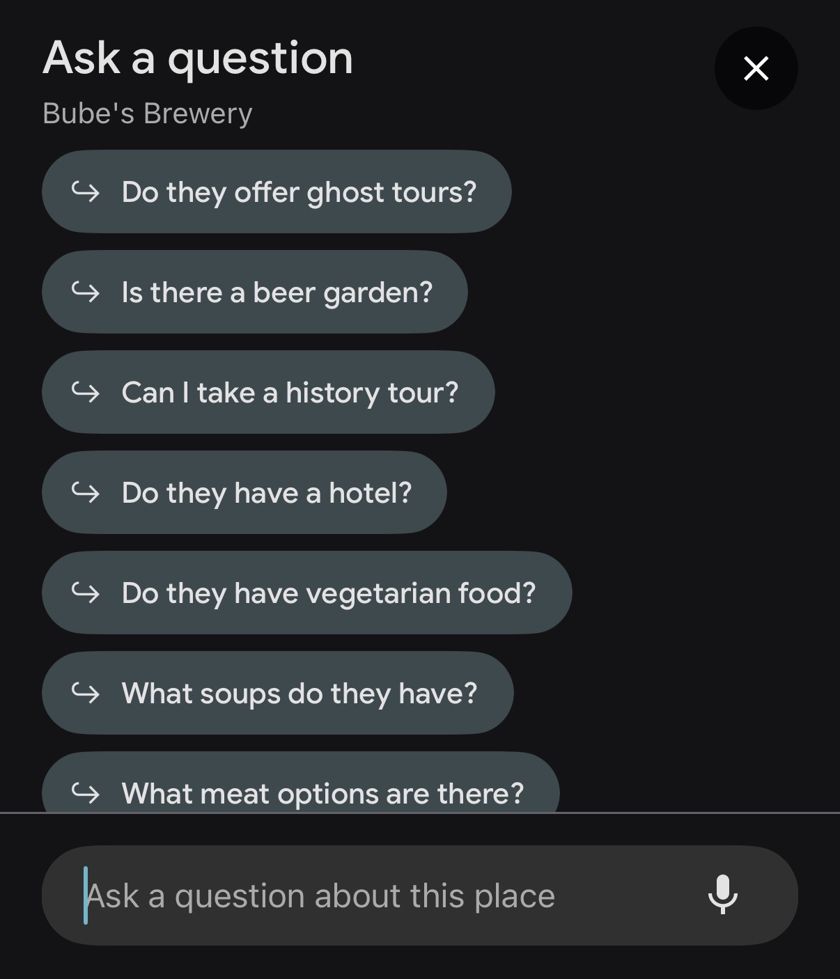 Google's Ask About Maps option for Bube's Brewery