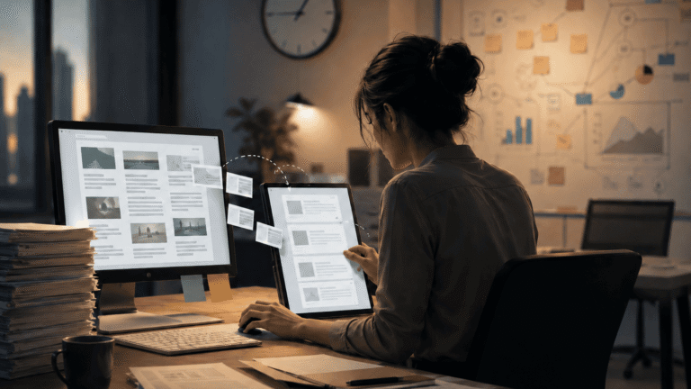 A woman working at desk saving time using an automated content scraping process.