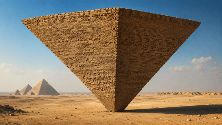 An AI-generated image of a pyramid flipped upside down.