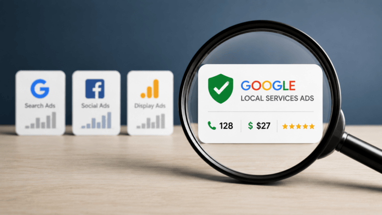 magnifying glass on google local service ads with other ad channels in the background