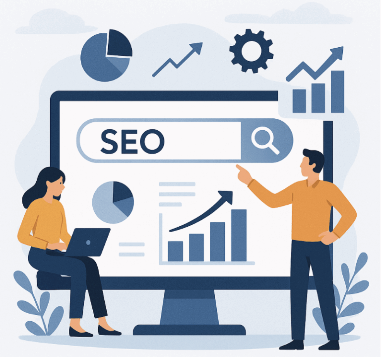 Image of two figures at a screen looking at metric increases from SEO