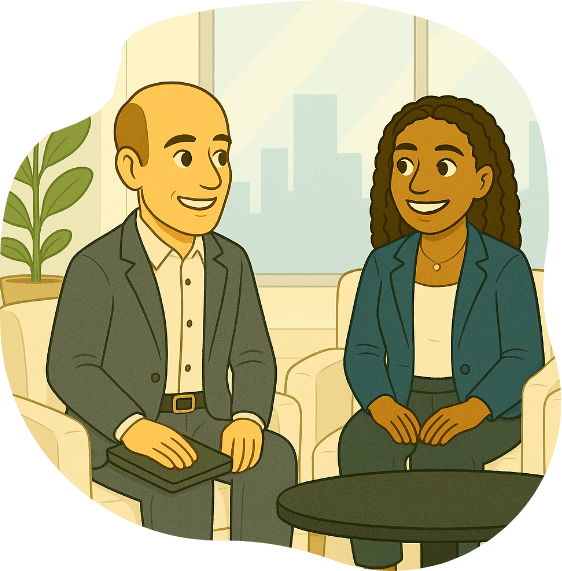 Dave and Olivia talking in a lounge