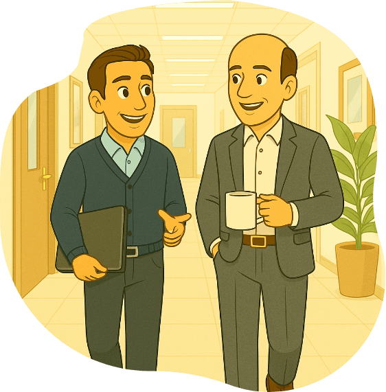 Matt and dave walking down a hallway having a conversation