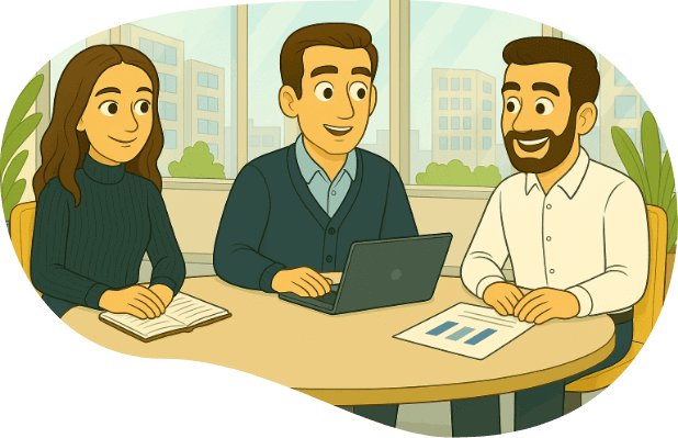 LJ, Matt, and Pat having a meeting.