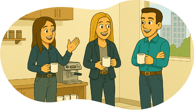 May, Katie, and Mike talking over coffee & tea